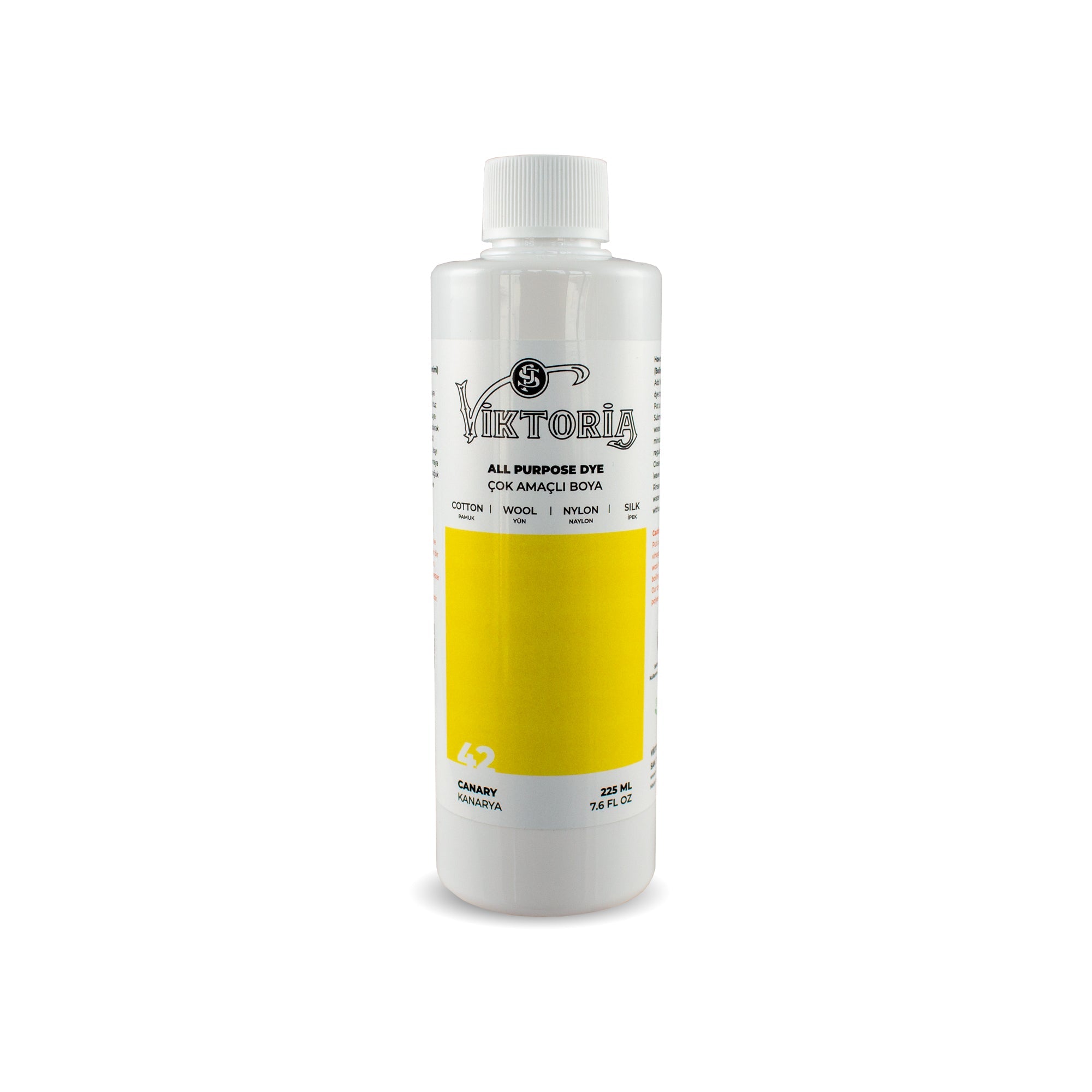 Viktoria all-purpose canary yellow fabric dye bottle for cotton, wool, silk, linen, viscose, bamboo, and nylon, 225ml