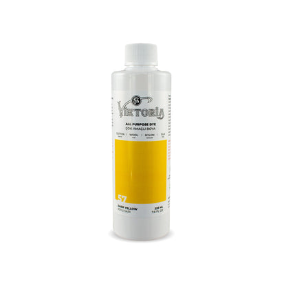 Victoria fabric dye in egg-yolk yellow for cotton, wool, silk, linen, and nylon, 225ml bottle, ideal for dyeing multiple surfaces including wood and leather.